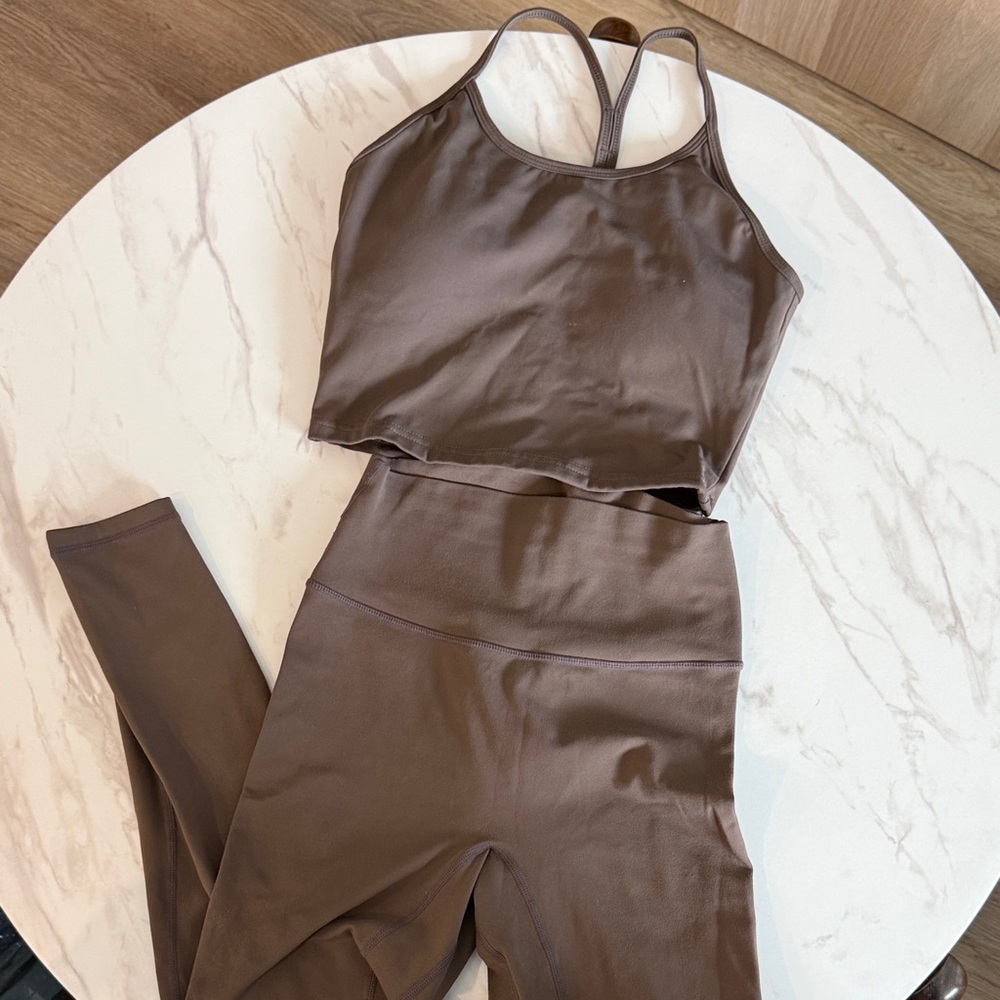 Women's High-Waist Yoga Leggings & Crop Tank Set - Brown